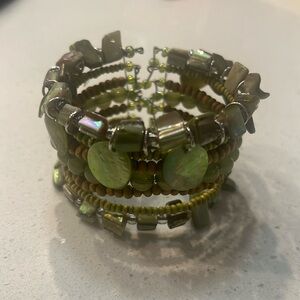 BOHO Beaded Cuff Expandable Bracelet! Multi Color Green & Brown. Silver Tone